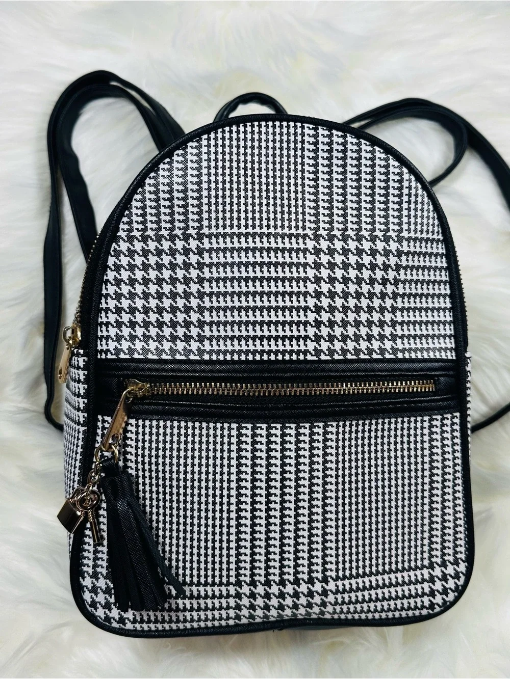Claire's Black & White Houndstooth Mini Backpack with Gold Tassel